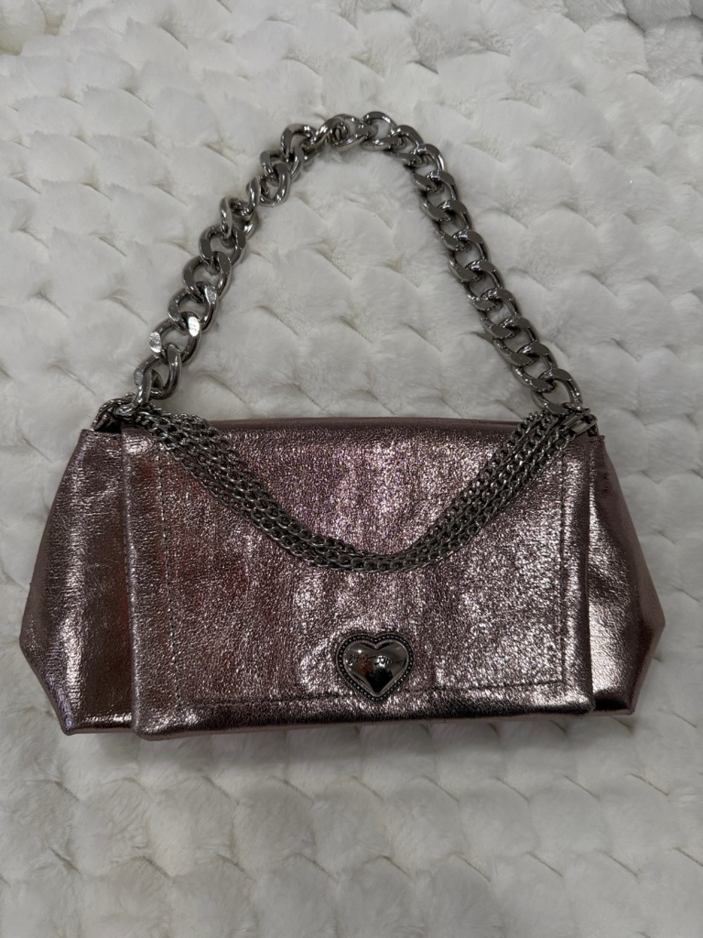 Betsey Johnson Metallic Pink Chain Shoulder Clutch with Heart Charm